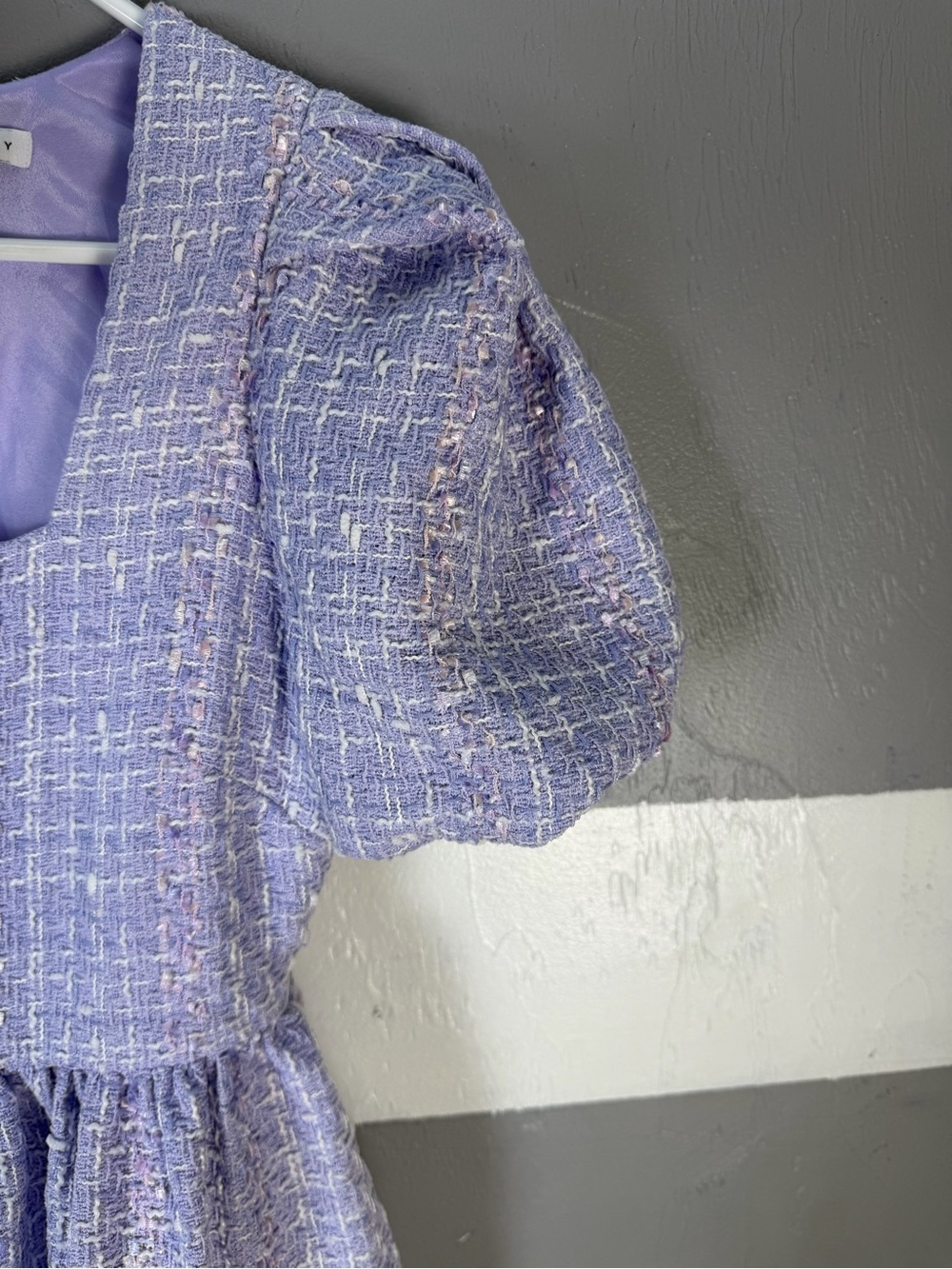 English Factory Lavender Tweed Dress with Puff Sleeves - Picture 6 of 10